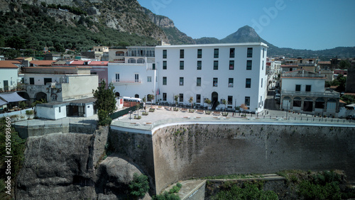 Aerial view of a clifftop square and building in Meta di Sorrento