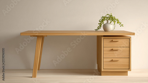 Minimalist Light Oak Extendable Desk Home Office Furniture Commercial Stock Photo