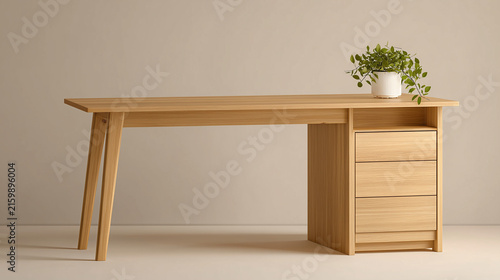 Minimalist Light Oak Extendable Desk Home Office Furniture Commercial Stock Photo
