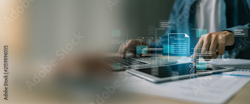 Obraz w ramie Corporate data analyst verifying workflow structure in cloud management system