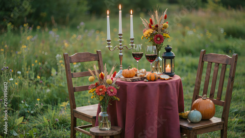 Romantic outdoor autumn dinner table setting with wine and candles in a rustic meadow