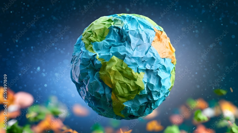 Fototapeta premium A stylized planet Earth crafted from crumpled paper floating against a starry cosmic backdrop with colorful abstract elements