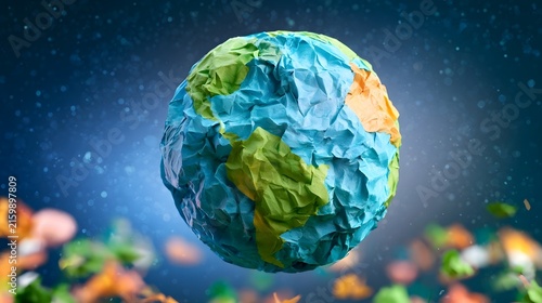 A stylized planet Earth crafted from crumpled paper  floating against a starry cosmic backdrop with colorful abstract elements