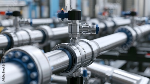 Close up of industrial piping system featuring metallic valves and flanged connections in a clean factory environment