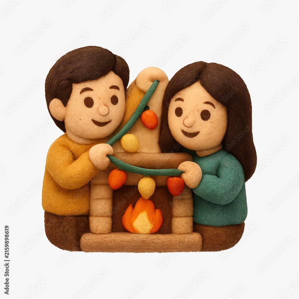 Fototapeta premium Cozy clay couple decorating fireplace.