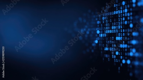 A digital firewall glows with luminous blue binary code in a high-tech cyber environment. Volumetric light rays create a cinematic, ultra-realistic cybersecurity scene.