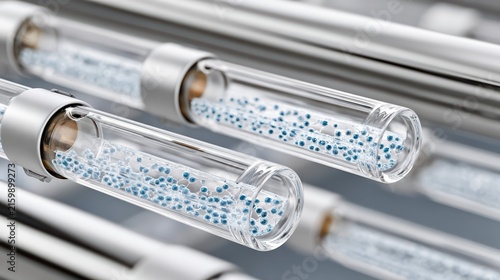 Ultra-detailed DNA structure made from transparent vials filled with blue solution in a modern lab. Showcases photorealistic biotech innovation and molecular technology.