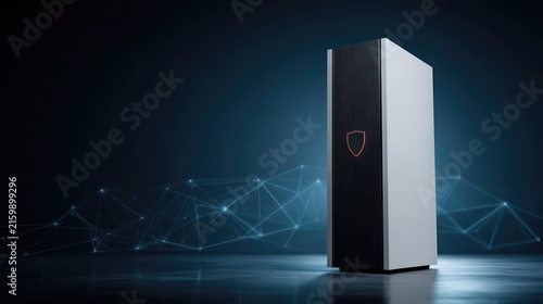 A futuristic server tower stands protected by a glowing digital network shield. This ultra-realistic cybersecurity environment features vivid blue light and metallic reflections.