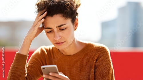 A young woman anxiously stares at her smartphone, fearing a phone scam. The dramatic lighting and blurred urban background intensify the sense of stress and urgency.