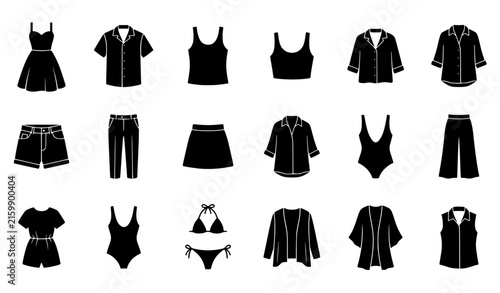 Summer clothing and casual fashion black vector icon set with dresses shirts shorts and beach outfits