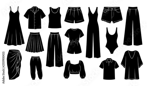 Summer outfit and clothing black vector collection with casual beach fashion and seasonal apparelBeachwear and summer fashion black vector symbol collection with vacation outfits and casual clothing