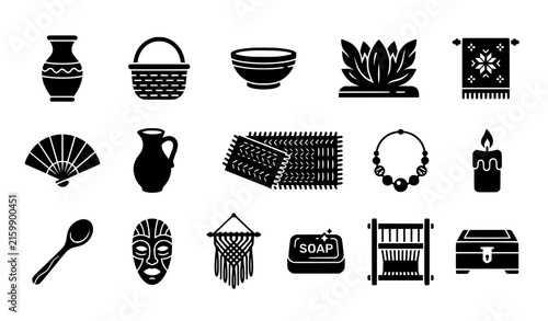 Traditional handicrafts and artisan products black vector icon collection with pottery weaving and handmade crafts