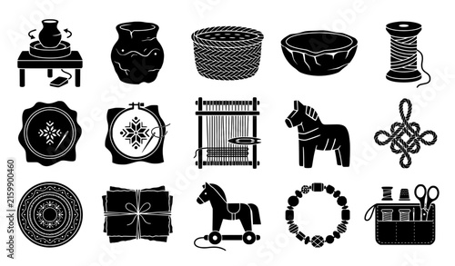 Traditional craft and handmade artisan black vector symbol set with pottery weaving carving and textile tools
