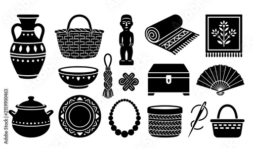 Handmade artisan craft black vector collection featuring traditional pottery weaving textiles and folk products