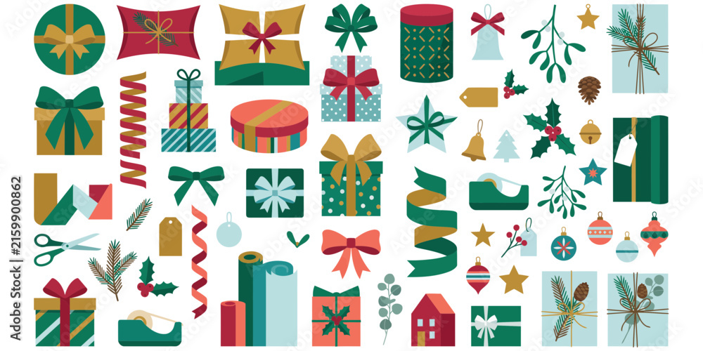 Fototapeta premium Set of various christmas gift boxes decorated with ribbons bows and festive winter plants isolated on a plain white background