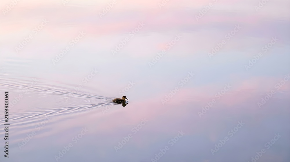 Fototapeta premium Lone Duckling Swimming on Calm Lake at Dusk