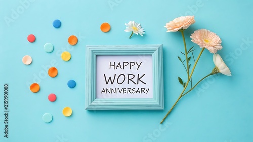 Happy work anniversary card with pink roses and confetti on light blue background