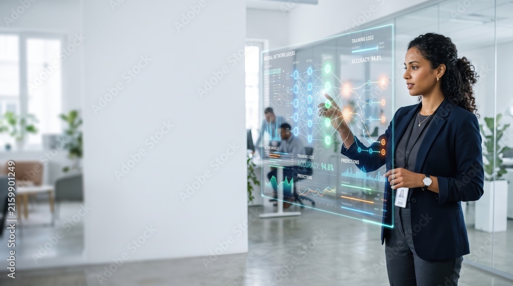 Fototapeta premium Professional data scientist interacting with holographic AI interface in modern white office with copy space