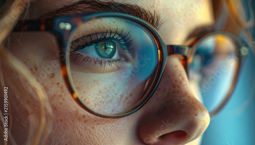 Close-up of a womans face with glasses reflecting light.