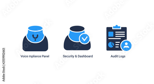 Voice instance panel security dashboard audit logs icons with instance security dashboard management business technology software application interface collection protection monitoring