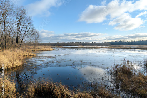 Winter landscape with frozen lake and dry grasses under a cloudy sky.