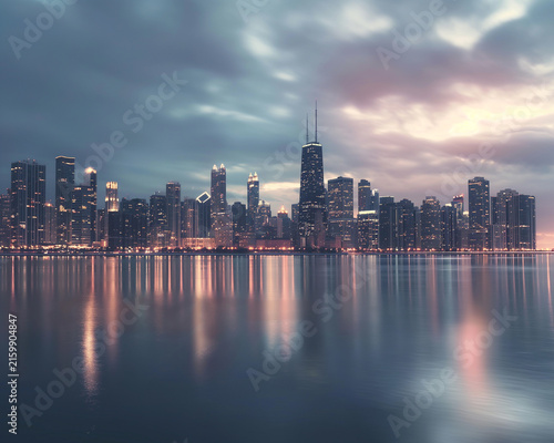 Urban city skyline view at twilight with modern skyscrapers reflecting on calm water