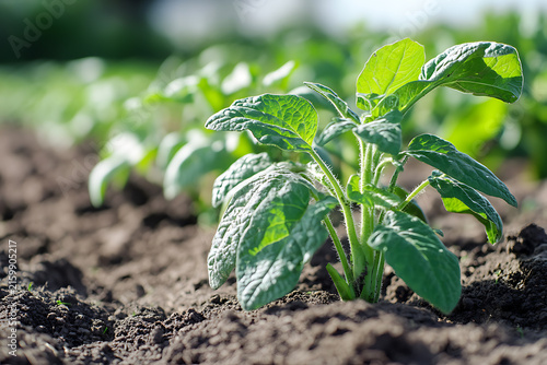 Young tomato plant growing in fertile soil closeup.