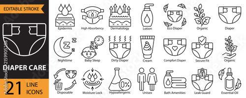 Baby diaper icon set. Include child, childhood, hygiene, infant, kid, nappy, newborn, babies, essential oil, essential oil, aromatherapy, natural, oil