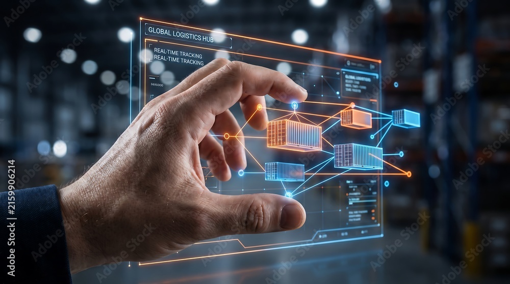 Fototapeta premium Male hand interacting with holographic global logistics hub tracking shipping containers.