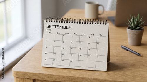Принти на полотні Spiral-bound desk calendar showing September 2026 sits on a wooden desk with a coffee mug, laptop, potted succulent, and pen, near a window