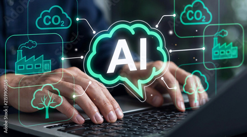 Artificial Intelligence Carbon Emission Concept: Hands Typing on Laptop with Digital AI Brain, CO2, Factory and Tree Icons for Environmental Sustainability, Climate Change and Carbon Footprint Reducti