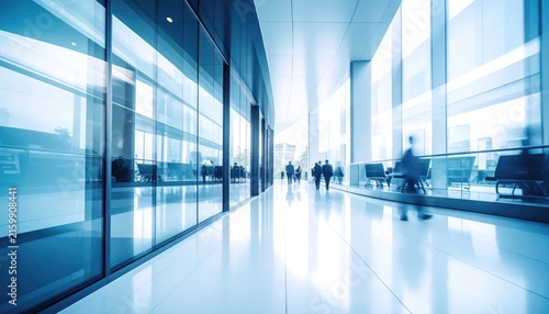 Blurred business people walking in a bright modern office corridor