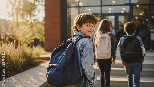 Smiling Schoolboy With Backpack Arriving at School on First Day