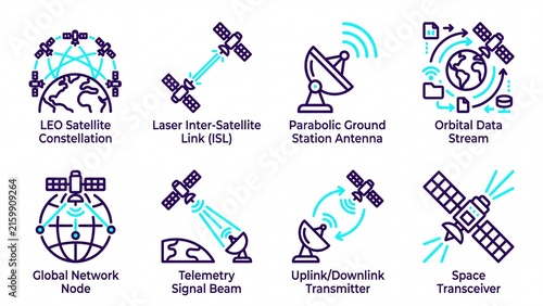 Collection of satellite communication and space technology icons modern flat vector design for global network and data transmission