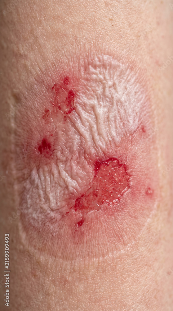 Fototapeta premium Fotografía médica macro de alta resolución, primer plano detallado centrado estrictamente en un área localizada de fricción de la piel y desarrollo temprano de úlcera por presión debajo de un yeso méd