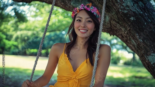 Woman smiles on a tree swing enjoying nature.