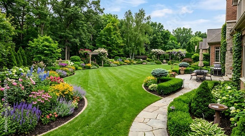 Beautifully landscaped backyard garden with a lush green lawn stone pathway and colorful blooming flower beds