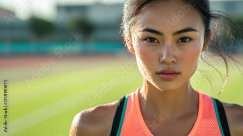 Determined athlete on the track ready to run.