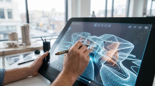 Architect using a stylus to adjust a 3 d wireframe building model on a digital tablet in a bright office workspace