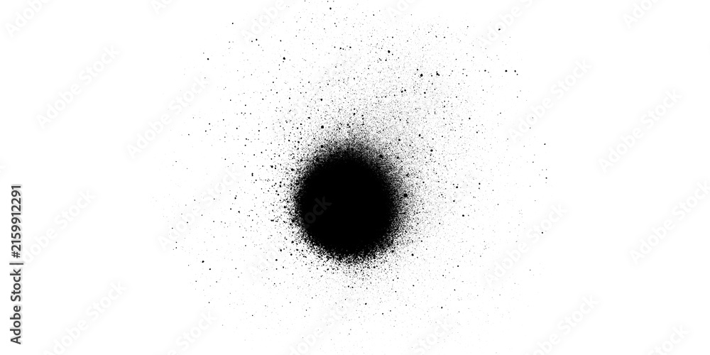 Naklejka premium Black spray paint splatter texture with centered round dark spot on white background, abstract grunge circular cluster with fine scattered dust for design overlay