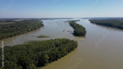 High angle view of Danube River flooding, forests covered in water, 4k