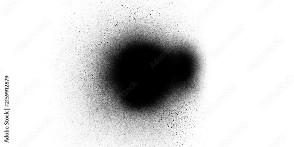 Fototapeta premium Black spray paint splatter texture with soft blurred blob on white background, abstract grunge smoky cloud shape with faded edges for design overlay
