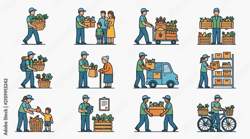 Naklejka premium Vector illustration set showing food donation logistics, humanitarian aid workers delivering fresh produce, volunteers helping families, and warehouse food distribution scenes.