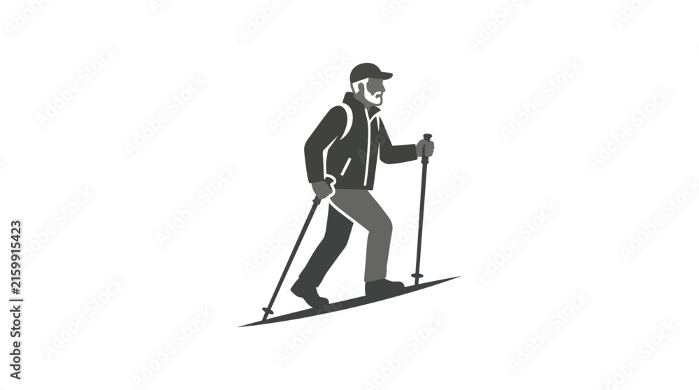 Fototapeta premium Male hiker trekking with poles on steep incline icon.