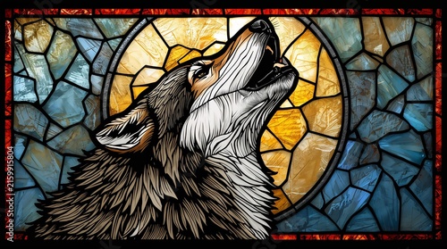 Howling Wolf Stained Glass Art with Golden Moon and Blue Mosaic Background