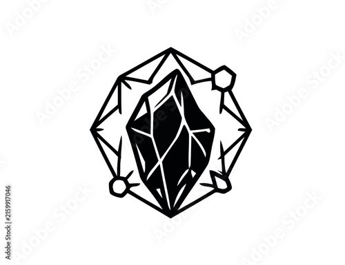 Minimalist Geometric Crystal Gemstone Illustration Featuring Abstract Polygonal Shapes and Sharp Angular Facets in Black and White Outline Style