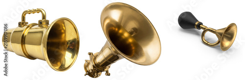 Принти на полотні Collection of vintage brass horns and trumpets isolated on white background