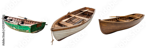 Obraz na płótnie Three wooden rowboats with oars, isolated on a white background