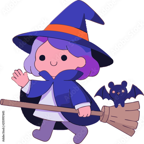 Cute Kawaii Little Witch Girl with Broom and Bat