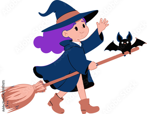 Cute Kawaii Little Witch Girl with Broom and Bat